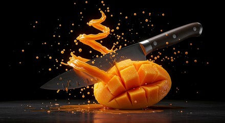 Mango being cut with a knife against a black background showing freshness