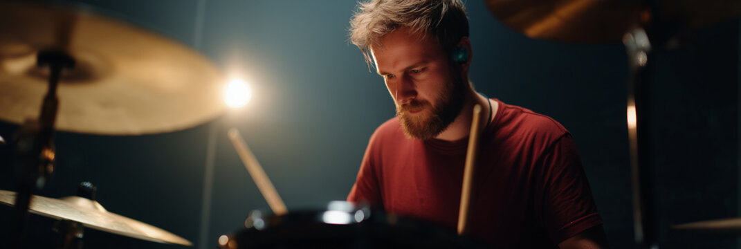 A focused drummer exudes intensity as he plays, encapsulated in ambient light, showcasing emotion and the artistry of musical performance in a dynamic studio setting. - Powered by Adobe
