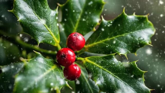 Holly Berries in Winter - A close up shot of holly leaves and bright red berries with water droplets. Light snow is falling in the background.