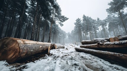 Snowy forest with a path through it. The path is covered in snow and there are many trees in the background