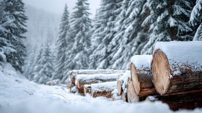 Snowy forest with a pile of logs in the foreground. The logs are covered in snow and are stacked in a way that they are leaning against each other. The scene has a peaceful and serene mood