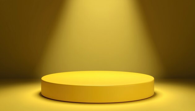 Illuminated Round Stage Podium With Empty Pedestal And Realistic Platform For Yellow Template. Perfect Setup For Display And Presentations.