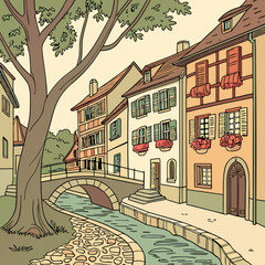 Charming French Village Illustration
