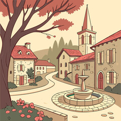 Charming French Village Illustration