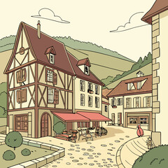 Charming French Village Illustration