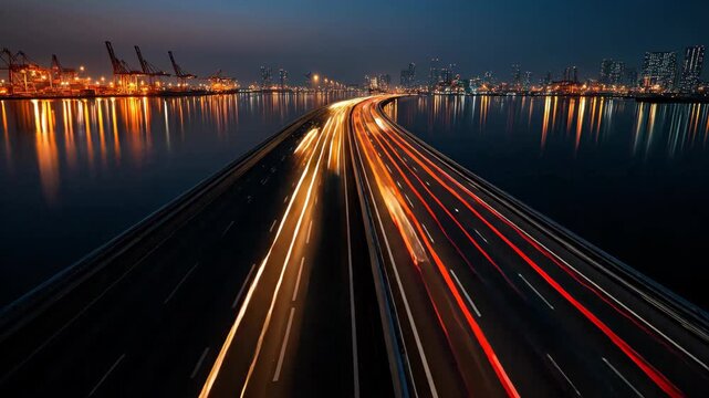 Long exposure highway traffic light trails over water at night with city skyline and port cranes