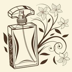 Elegant Perfume Bottle Vector Illustration with Gold Accents and Floral Ornament, Ideal for Cosmetics Packaging Design and Luxury Brand Marketing.