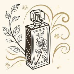 Elegant Perfume Bottle Vector Illustration with Gold Accents and Floral Ornament, Ideal for Cosmetics Packaging Design and Luxury Brand Marketing.