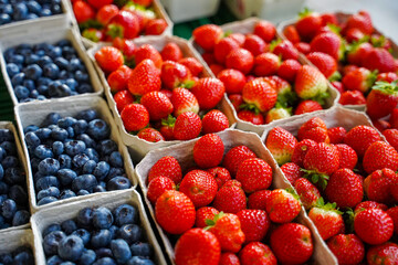 Strawberries and blueberries in the recycled paper trays at a local market, Germany
