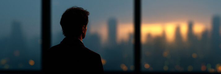 A silhouette of a man gazing out at a sprawling cityscape at sunset, showcasing a moment of reflection and potential amid the urban backdrop and golden light.
