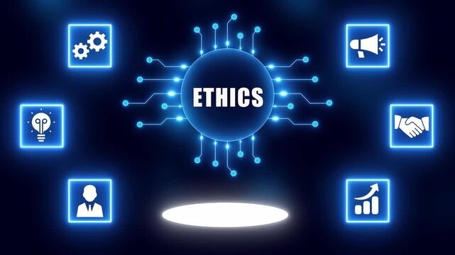 Digital concept of ethics with glowing icons and central text morality principles