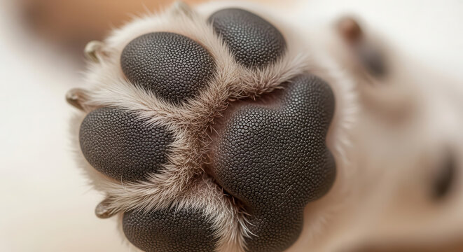 Close-up view of a cat paw with soft fur and textured pads, showcasing intricate details and natural beauty, perfect for pet lovers and animal enthusiasts