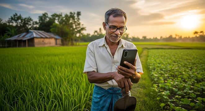 Elderly farmer using smartphone in lush green rice field at sunset