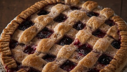 Golden Crust Lattice Pie with Dark Filling, Powdered Sugar, and Rustic Presentation.
