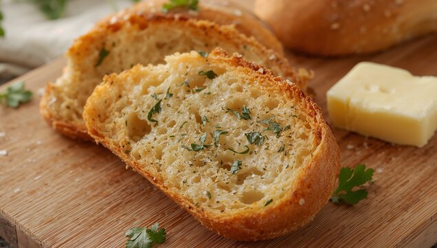 Golden Crust Delight, Culinary Still Life with Bread, Butter, and Green Accents.
