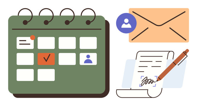 Planner calendar with marked dates, envelope, profile icon, and signed document with pen. Ideal for schedule planning, team collaboration, professional communication, task management, project