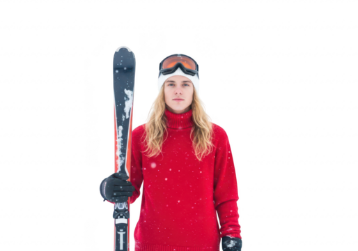 Woman holding skis and poles, wearing ski goggles and red sweater, isolated on transparent background