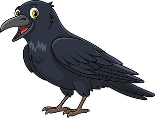 Cartoon crow illustration, black bird character, expressive eyes, cheerful animal, vector mascot, funny wildlife, stock art, isolated white background