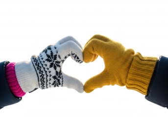 Closeup of two hands wearing winter gloves, forming a heart shape, isolated on transparent background