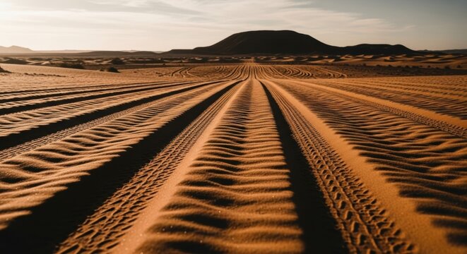 Multiple tire tracks imprinted on desert sand. Off-road adventure concept with leading lines. Golden hour sunlight over a vast arid landscape. Symbol of journey and forward direction - Powered by Adobe