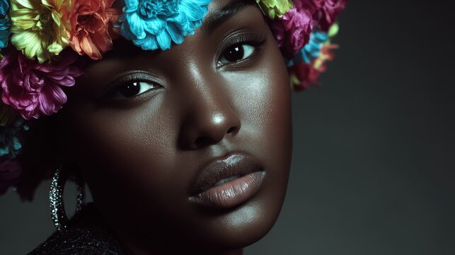 Striking high-fashion portrait of a woman wearing a vivid floral headpiece, exuding elegance, strength, and natural beauty.