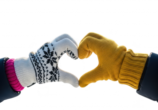 Closeup of two hands wearing winter gloves, forming a heart shape, isolated on transparent background - Powered by Adobe