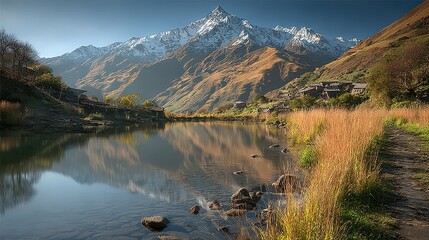 Tranquil alpine lake reflects golden hills and snowy mountain peaks, with a rustic village nestled under a crisp blue sky.