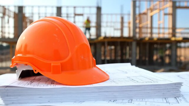 Construction Site Safety - A bright orange hard hat rests atop a stack of architectural blueprints at a construction site.