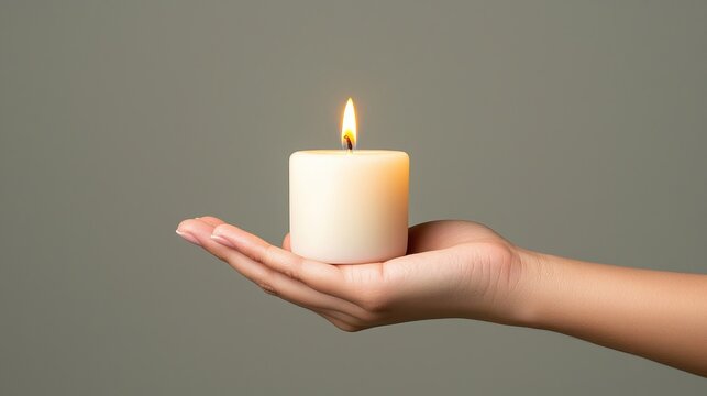A serene female hand holding a lit white candle, illuminating a calm atmosphere.