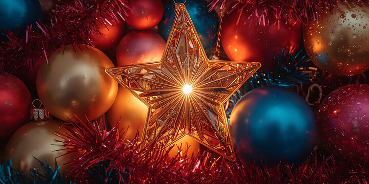 Luminous gold star with festive red, gold, and blue ornaments