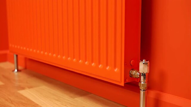 Orange Radiator Detail - A close-up of an orange radiator mounted on a matching orange wall with wooden floors. The shiny metal valve and pipes contrast with the matte paint finish.