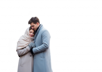 Couple embracing in winter coats, isolated on transparent background