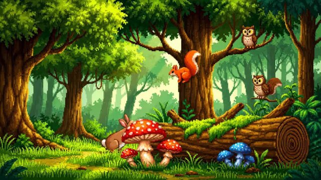 Pixel Art Forest Scene with Animals - A charming pixel art illustration depicts a lush forest with tall trees and sun rays shining through.