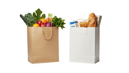 Organic food grocery paper bags bundle isolated on transparent background