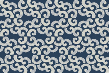 Abstract Ikat scroll or wave motifs seamless Pattern in Navy and Cream. Traditional Ikat weaving, traditional Asian scrollwork. perfect for high-end fashion textiles, coastal or modern home decor