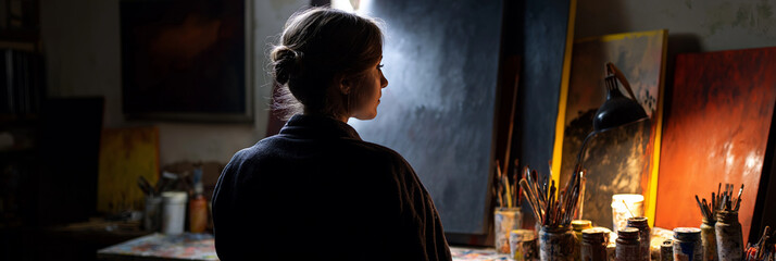 A contemplative artist studying an unfinished canvas in a studio, highlighting the creative process and emotional depth behind the journey of artistic expression and inspiration.