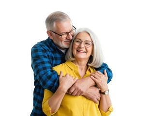 Happy elderly couple embracing and smiling, isolated on transparent background