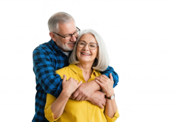 Happy elderly couple embracing and smiling, isolated on transparent background