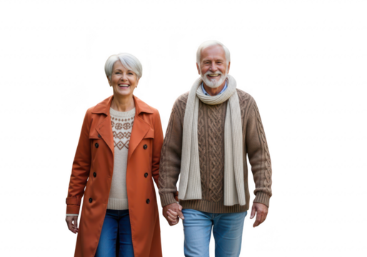 Smiling elderly couple holding hands walking in autumn park isolated on transparent background - Powered by Adobe