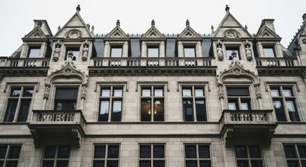 Ornate Gothic revival architecture with detailed stone carvings. Historic European building facade with balconies and statues. Luxury real estate and city living concept