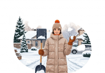 Woman with shovel and snowball in snowy village isolated on transparent background
