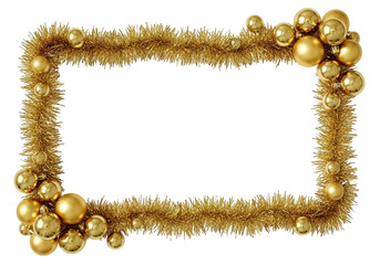 Golden christmas tinsel and bauble border frame isolated on transparent background