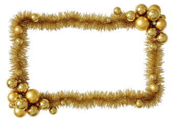 Golden christmas tinsel and bauble border frame isolated on transparent background
