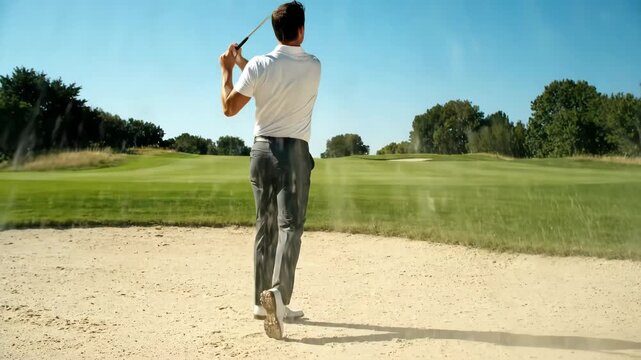 Golfer hitting ball out of sand trap - A golfer swings his club in a sand trap, sending sand flying as he attempts to hit the golf ball out of the bunker.
