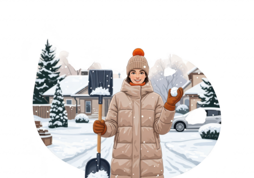 Woman with shovel and snowball in snowy village isolated on transparent background