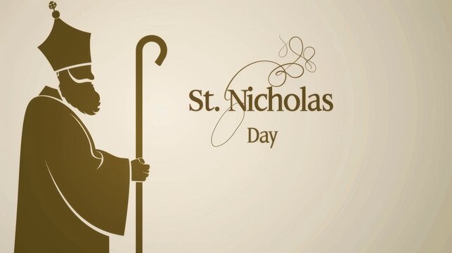 Silhouette of St. Nicholas holding a staff with text 'St. Nicholas Day' on beige background, symbolizing the holiday celebration.