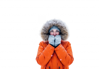Woman in winter clothing, cold weather isolated on transparent background