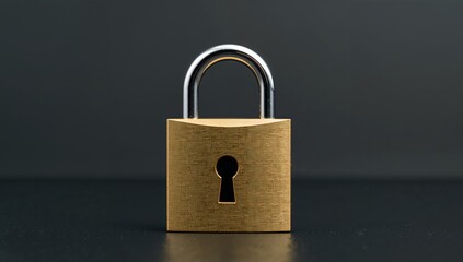 Naklejka premium Golden Padlock on Dark Surface Metallic Security Device With Keyhole Detail.