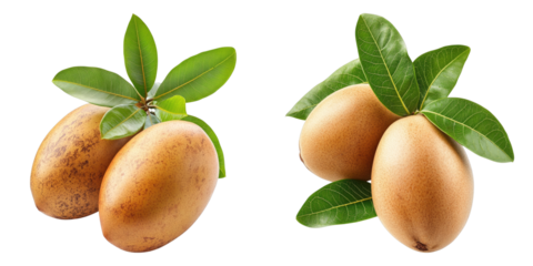 Freshly picked sapodilla fruit with vibrant green leaves, captured close up