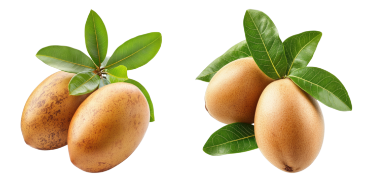 Freshly picked sapodilla fruit with vibrant green leaves, captured close up
